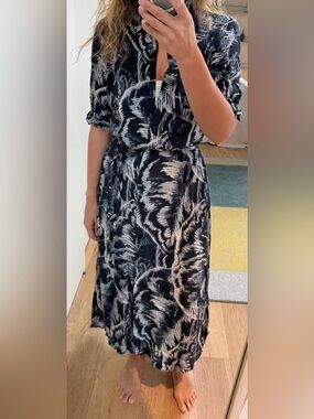 Kaffe Navy Palm Print Lightweight Maxi Shirt Dress Size 36